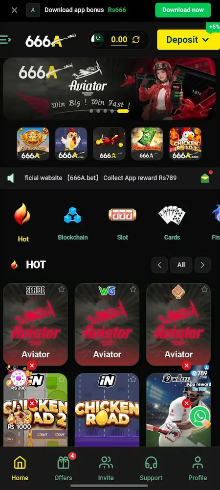 666A Game Pakistan home screen dashboard showing earning app features