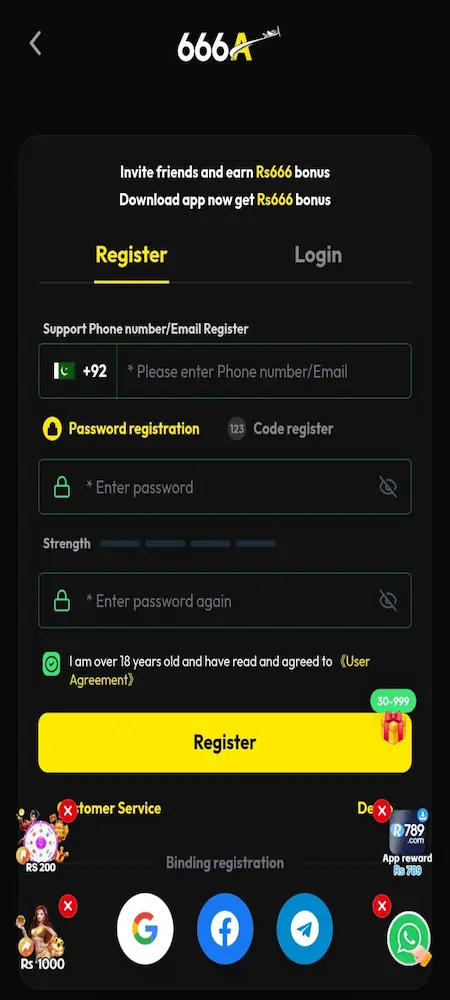 666A login page on Android APK for Pakistan users