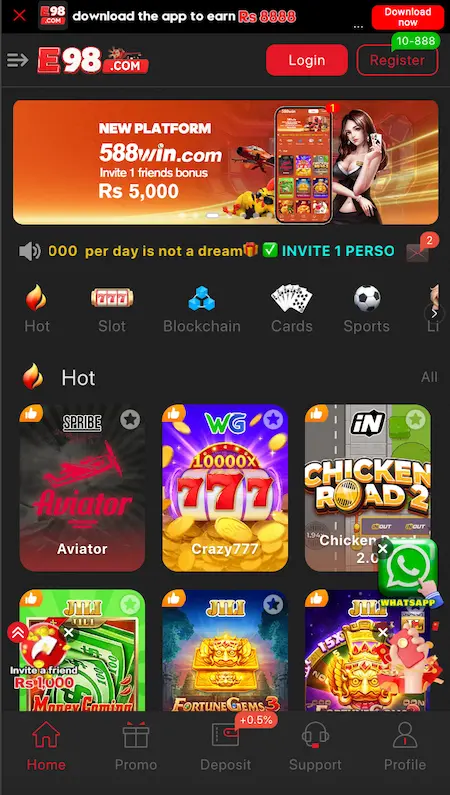 E98 Game home screen dashboard showing balance, game options, rewards, and navigation menu