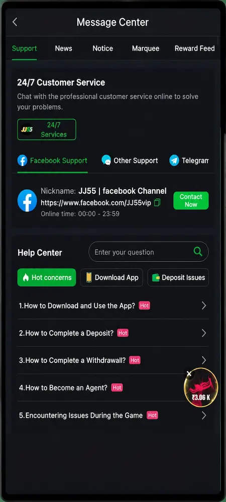 JJ55 Game customer service support chat screen for user help and assistance