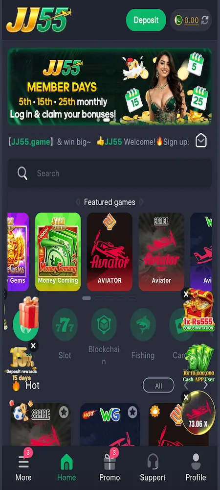 JJ55 Game Pakistan homescreen interface showing main dashboard and features