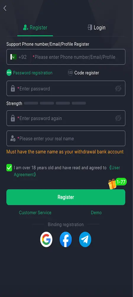 JJ55 Game login and registration screen showing user sign up and account access page